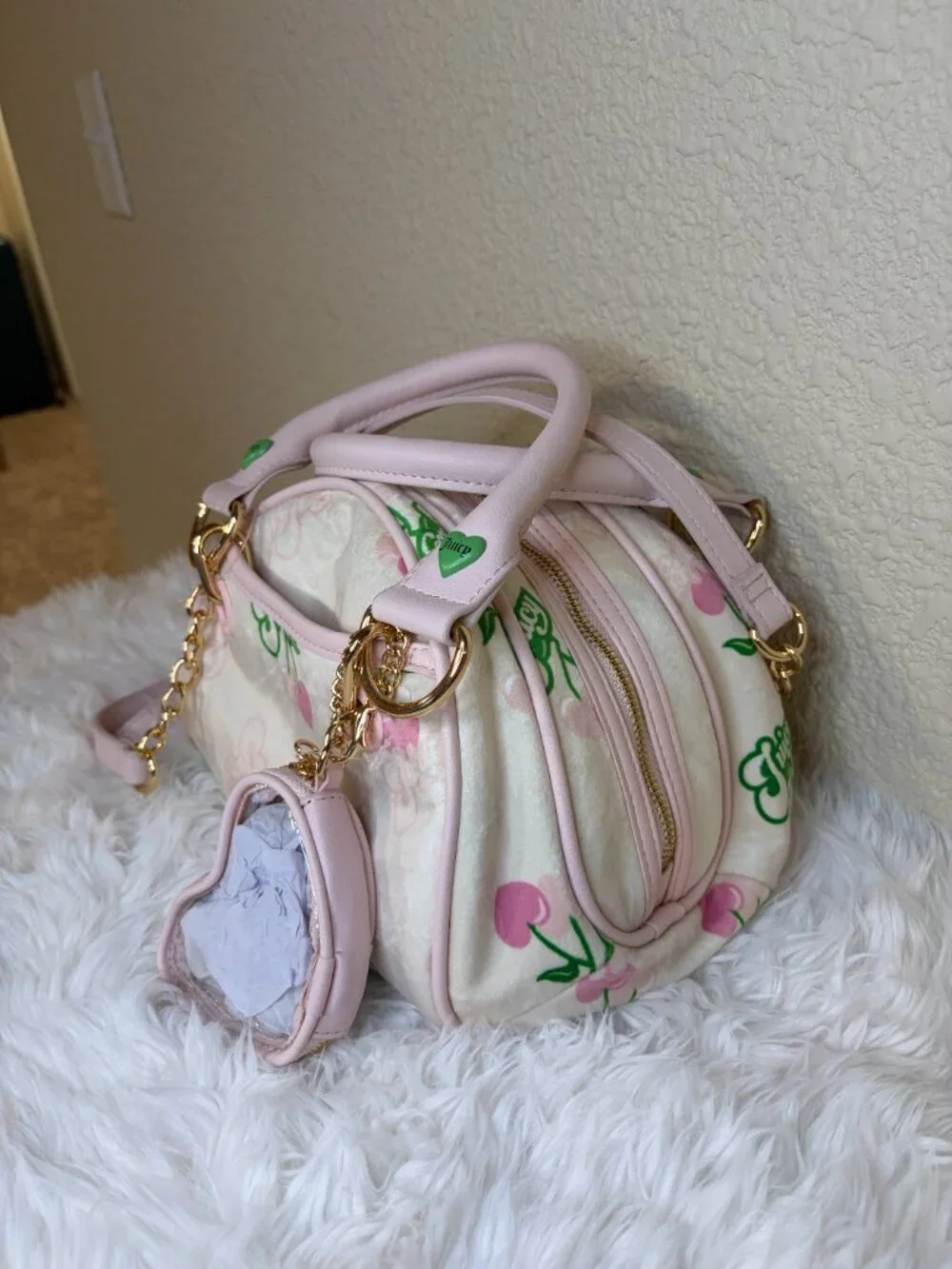 Juicy Couture Retro Cherry Gelato Bowler Bag Pink Cherry Crossbody Purse NWT